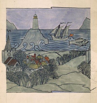 Lighthouse, Ship and Village by Charles Francis Annesley Voysey